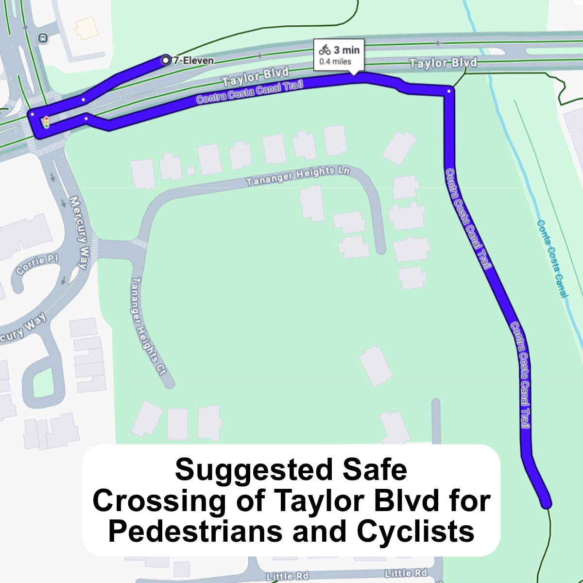 Map with blue route showing the suggested way of safely crossing Taylor Blvd from the Contra Costa Canal Trail so you can then return to the Contra Costa Canal Trail on the other side
