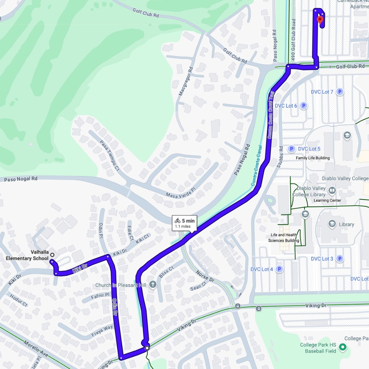 Map of bike route from Valhalla Elementary School to the Overflow Lot at Diablo Valley College